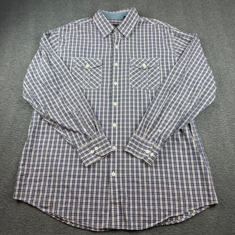 IZOD Jeans Button Down Shirt Men's XLT Blue Red Plaid Long Sleeve Cotton Tall